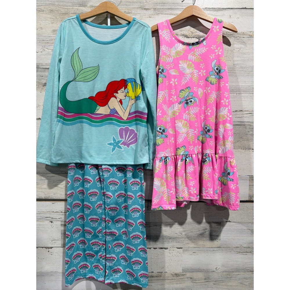 Disney Pajamas Dress Girls 7/8 Teal Pink‎ Ariel Stitch Mermaidcore EUC
